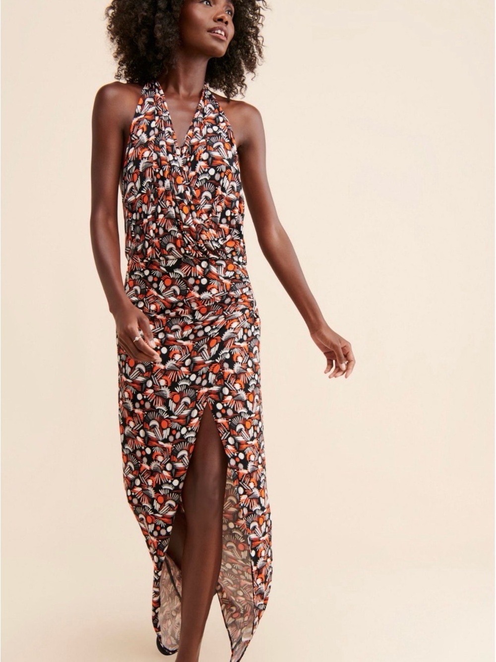 FREE PEOPLE Halter Maxi Dress in Black & Orange Printed Fabric